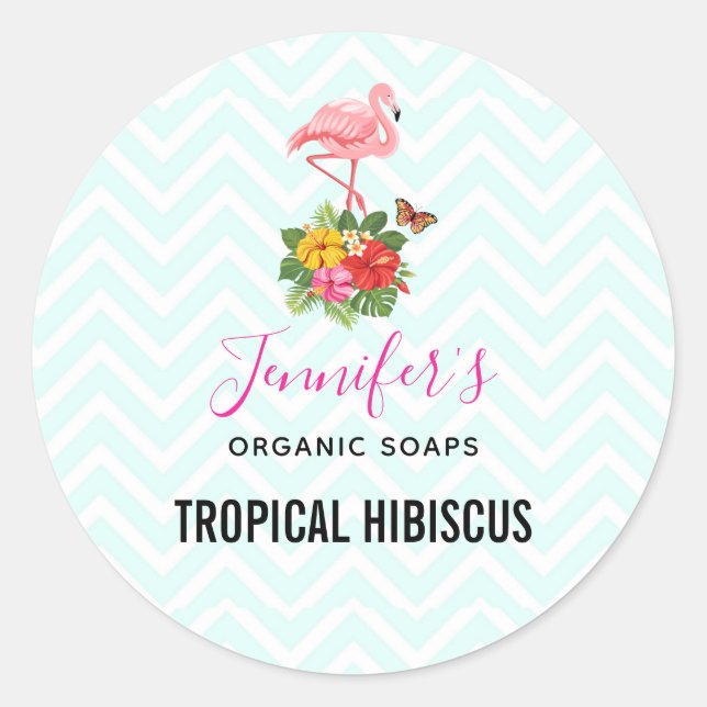 Pink Flamingo & Tropical Hibiscus Fancy Soap Classic Round Sticker (Front)