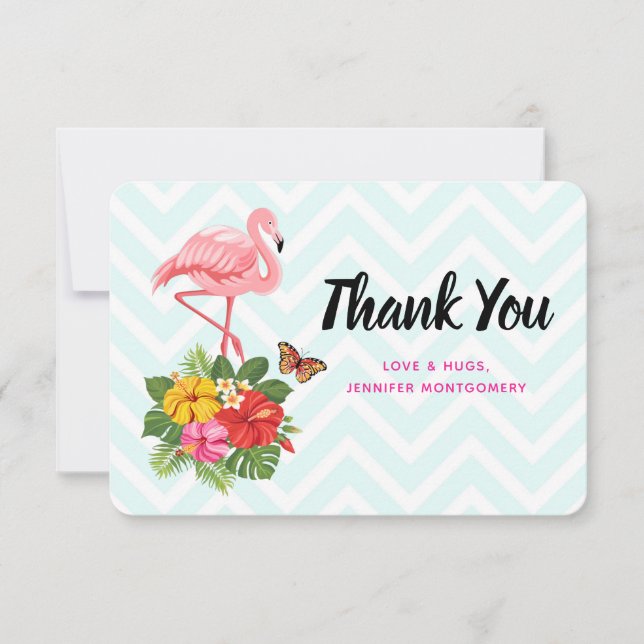 Pink Flamingo & Tropical Hibiscus Fancy Thank You Card (Front)