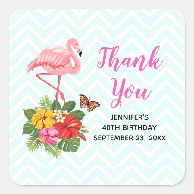 Pink Flamingo & Tropical Hibiscus Fancy Thank You Square Sticker (Front)