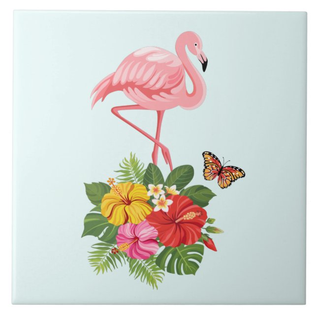 Pink Flamingo & Tropical Hibiscus Fancy Tile (Front)