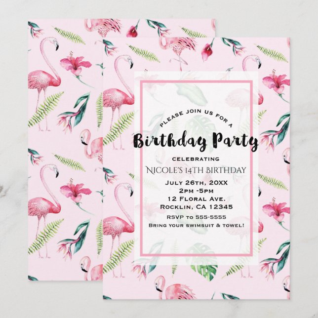 Pink Flamingo Tropical Hibiscus Floral Birthday Invitation (Front/Back)
