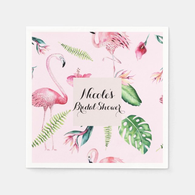 Pink Flamingo Tropical Hibiscus Floral Fun Party Napkin (Front)