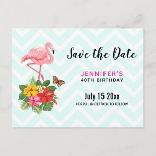 Pink Flamingo & Tropical Hibiscus Save the Date Invitation Postcard