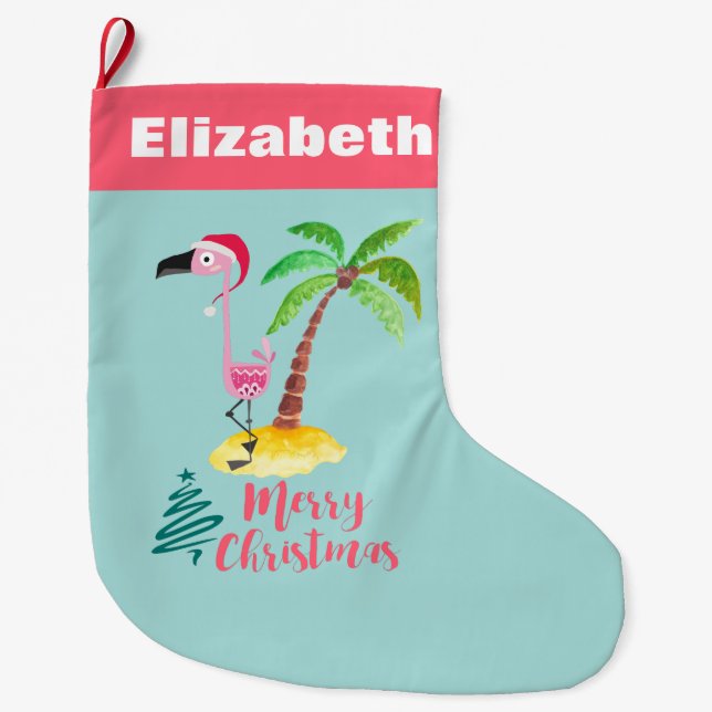 Pink Flamingo Tropical Island Christmas Large Christmas Stocking (Front)