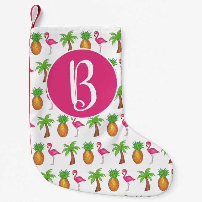 Pink Flamingo Tropical Island Palm Tree Pineapple Small Christmas Stocking (Front)
