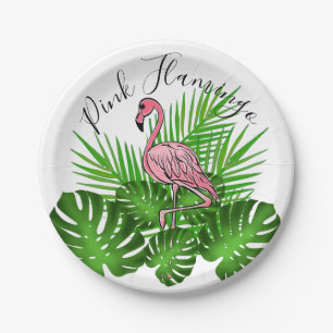 Pink Flamingo, tropical jungle leaves  Paper Plate