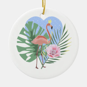 Pink Flamingo tropical leaf palm Ceramic Ornament