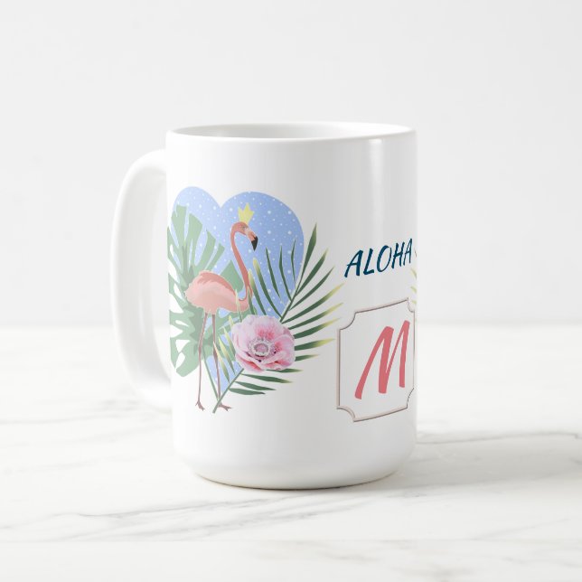 Pink Flamingo tropical leaf palm Coffee Mug (Front Left)