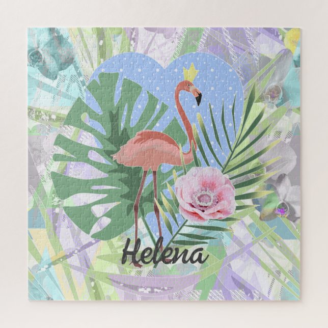 Pink Flamingo tropical leaf palm monstera Jigsaw P Jigsaw Puzzle (Vertical)