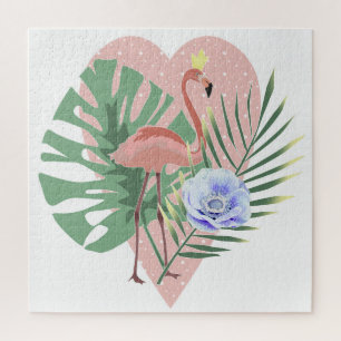 Pink Flamingo tropical leaf palm monstera Jigsaw Puzzle