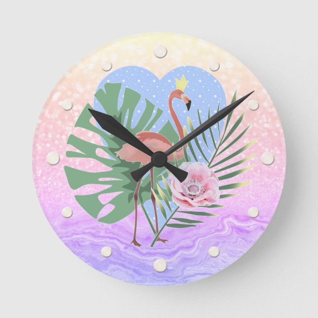 Pink Flamingo tropical leaf palm Round Clock (Front)