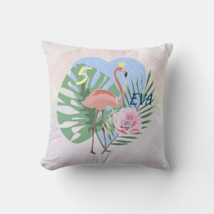 Pink Flamingo tropical leaf palm Throw Pillow