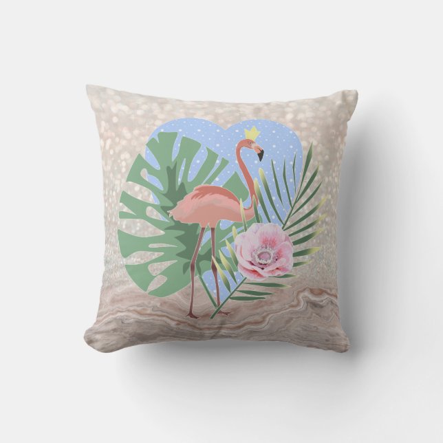 Pink Flamingo tropical leaf palm Throw Pillow (Front)