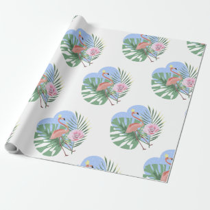 Pink Flamingo tropical leaf palm Wrapping Paper