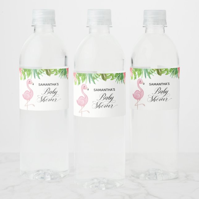 Pink Flamingo Tropical Leaves Baby Shower Water Bottle Label (Bottles)