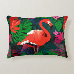 Pink flamingo. Tropical leaves, pink butterfly,  Accent Pillow