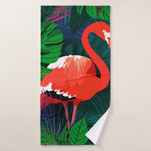 Pink flamingo. Tropical leaves, pink butterfly,  Bath Towel