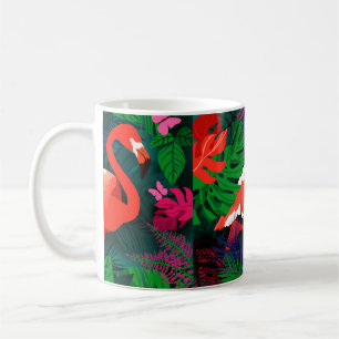 Pink flamingo. Tropical leaves, pink butterfly, Coffee Mug