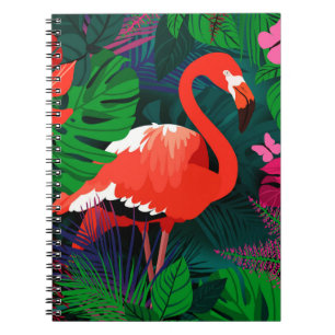 Pink flamingo. Tropical leaves, pink butterfly,  Notebook