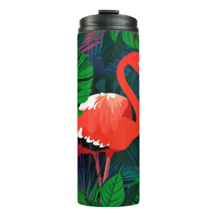Pink flamingo. Tropical leaves, pink butterfly, Thermal Tumbler