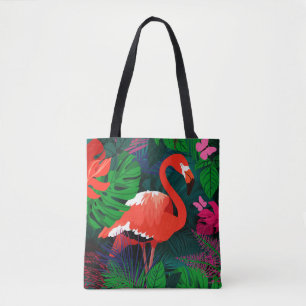 Pink flamingo. Tropical leaves, pink butterfly,  Tote Bag