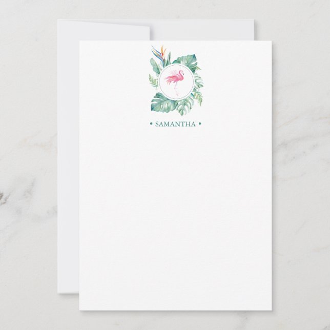 Pink Flamingo Tropical Personalized Stationery Card (Front)