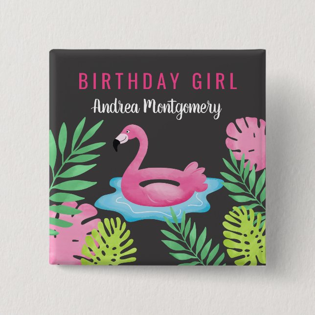 Pink Flamingo Tropical Pool Party Button Name Tag (Front)