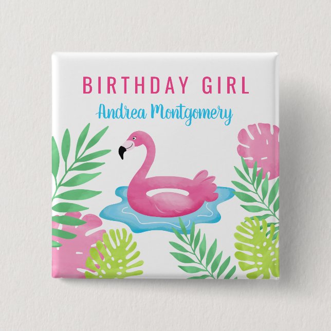 Pink Flamingo Tropical Pool Party Button Name Tag (Front)