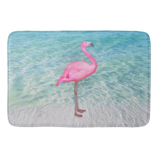 Pink Flamingo Tropical Sandy Beach Modern Chic Bath Mat (Front)