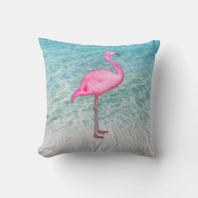 Pink Flamingo Tropical Sandy Beach Modern Chic Throw Pillow (Front)