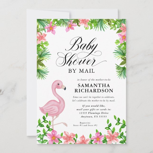 Pink Flamingo Tropical Script Baby Shower by Mail Invitation (Front)