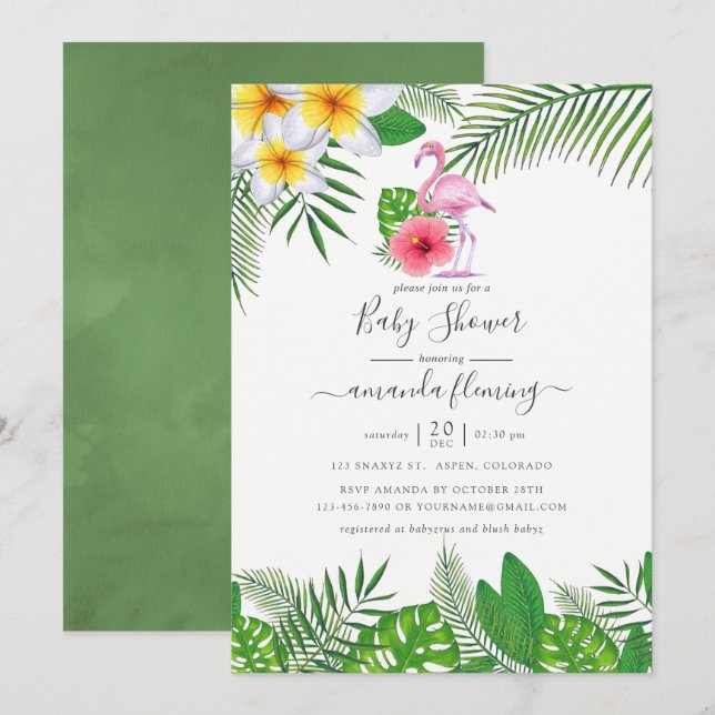 Pink Flamingo Tropical Watercolor Girl Baby Shower Invitation (Front/Back)