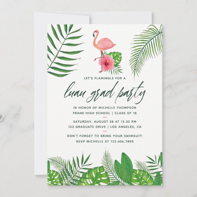 Pink Flamingo Tropical Watercolor Luau Graduation Announcement (Front)