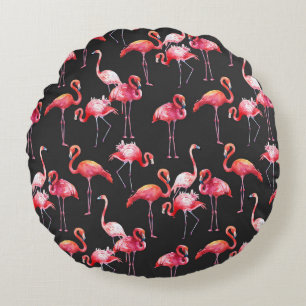 Pink Flamingo: Tropical Watercolor Pattern. Round Pillow