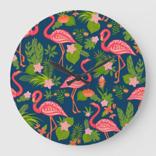 Pink Flamingo: Turquoise Striped Vintage Large Clock