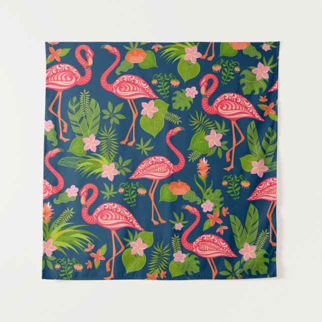 Pink Flamingo: Turquoise Striped Vintage Tapestry (Front)