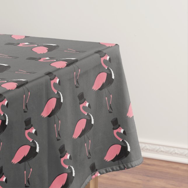 Pink Flamingo Tuxedo Fun Grey Animal Tablecloth (In Situ)