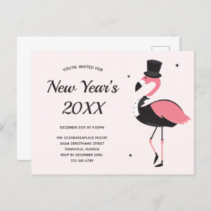 Pink Flamingo Tuxedo New Years Party Invitation Postcard
