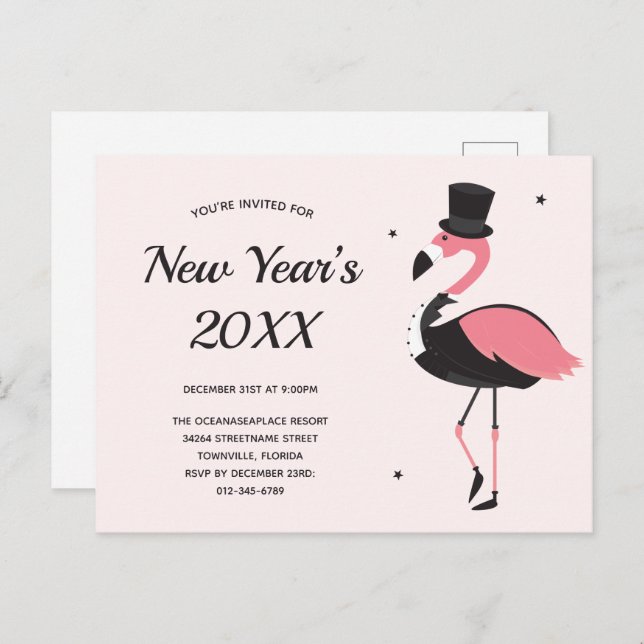 Pink Flamingo Tuxedo New Years Party Invitation Postcard (Front/Back)