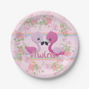 Pink Flamingo Twins baby shower Paper Plate