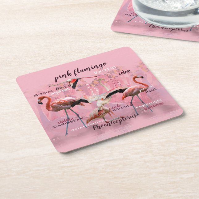 Pink Flamingo Typography | Customized Square Paper Coaster (Angled)