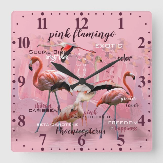 Pink Flamingo Typography | Customized Square Wall Clock (Front)