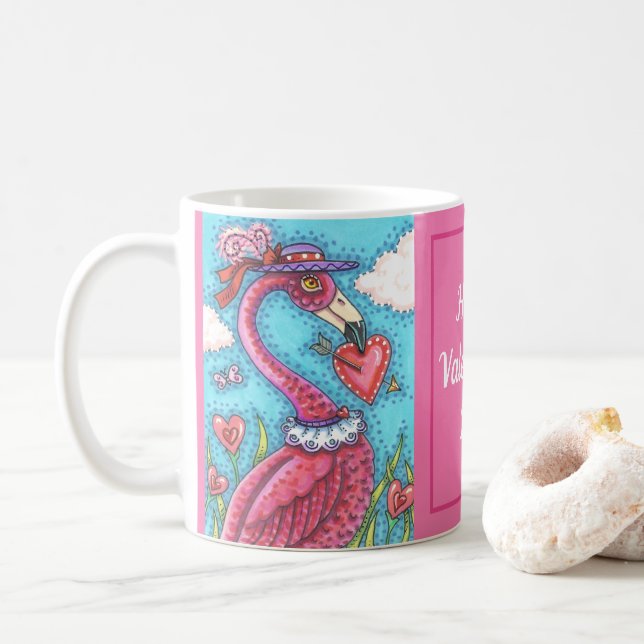 PINK FLAMINGO VALENTINE HEARTS, CUTE LOVE BIRDS COFFEE MUG (With Donut)