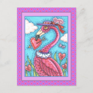 PINK FLAMINGO VALENTINE HEARTS, LOVE BIRD WHIMSY HOLIDAY POSTCARD