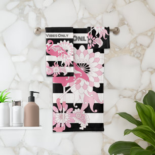 Pink Flamingo Vibes Only Black & White Striped Bath Towel Set