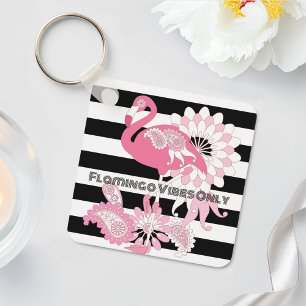 Pink Flamingo Vibes Only Black & White Striped Keychain