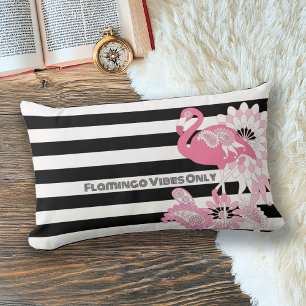 Pink Flamingo Vibes Only Black & White Striped Lumbar Pillow