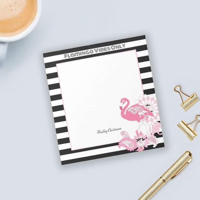 Pink Flamingo Vibes Only Black & White Striped Notepad (Creator Uploaded)