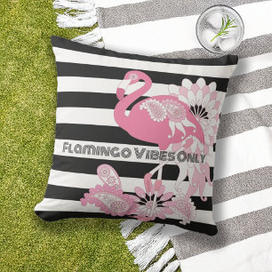 Pink Flamingo Vibes Only Black & White Striped Outdoor Pillow