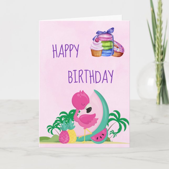 Pink Flamingo w/ Fruits & Macarons Happy Birthday Card (Front)